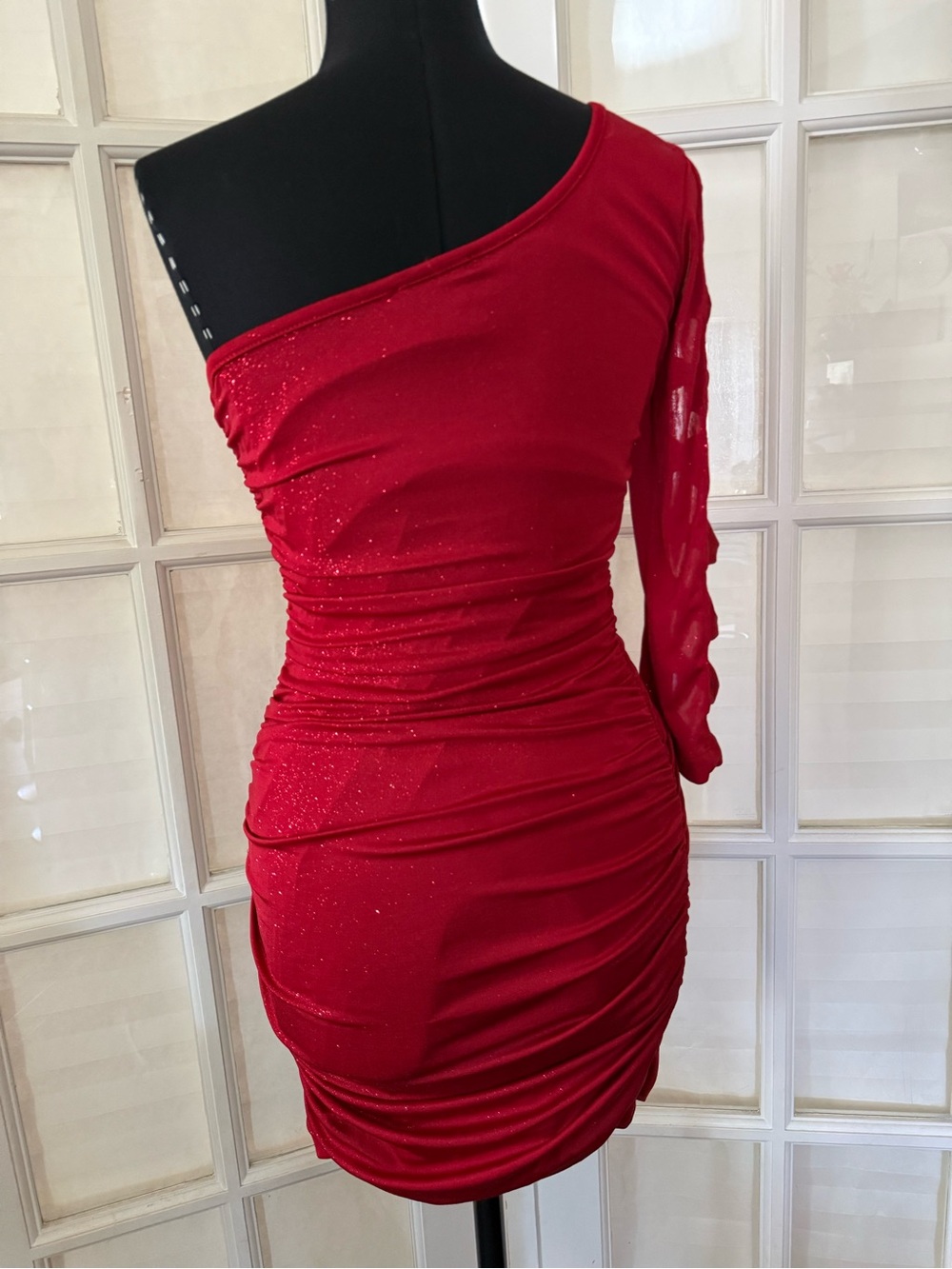 Asymmetric One-Shoulder Ruched Red Mini Dress - Picture 3 of 4